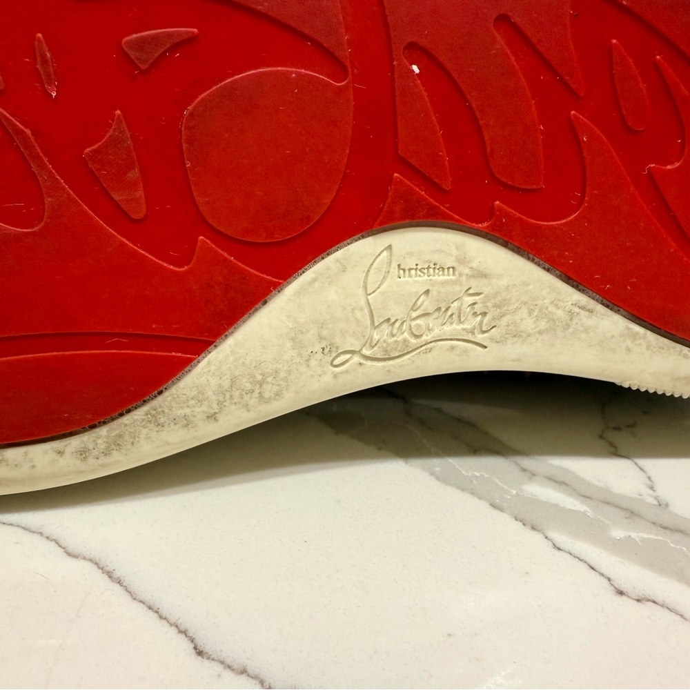 Christian Louboutin Gray suede & hint of deep green Sneakers studs & Cream Laces - Picture 8 of 10